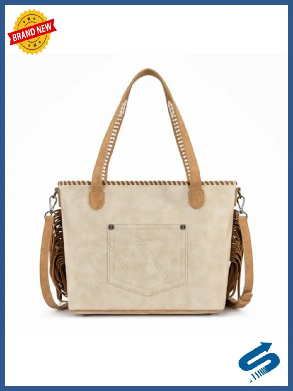 Western Fringe Shoulder Purse with Whipstitch Detail Faux Leather Tote